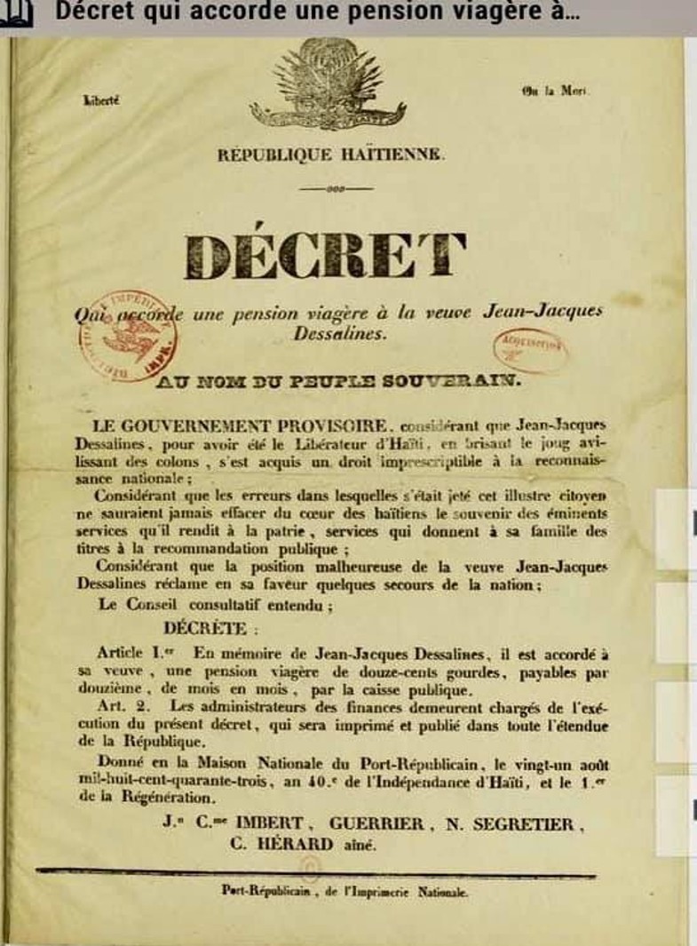 Décret de 1843 accordant une pension viagère